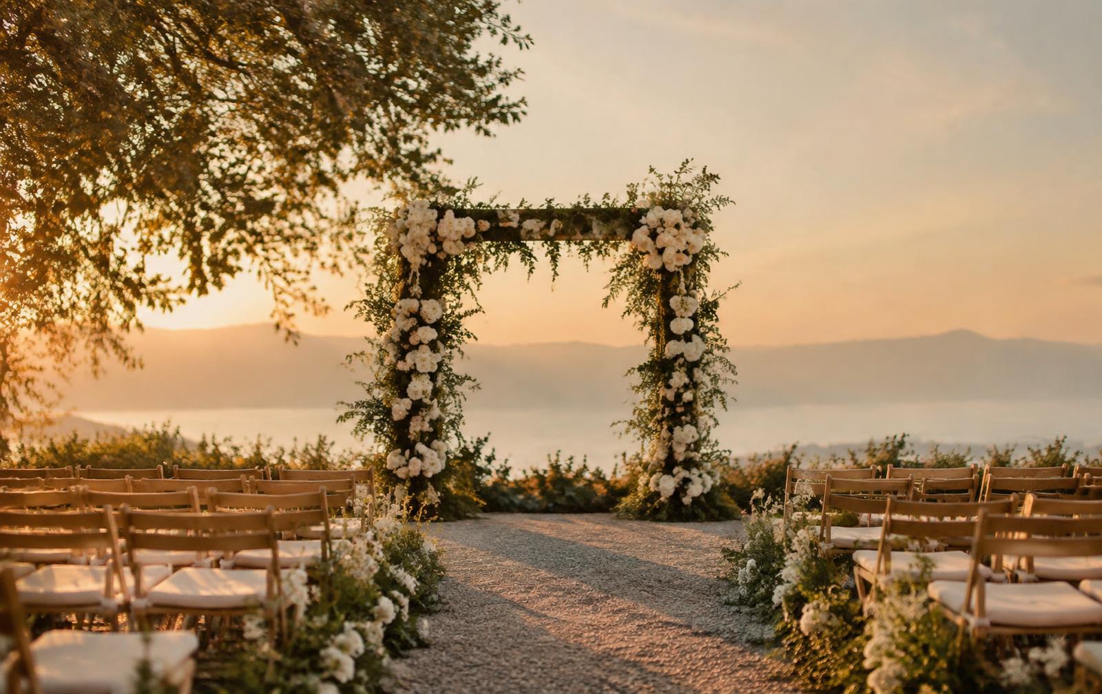 Outdoor wedding ceremony arch at golden hour